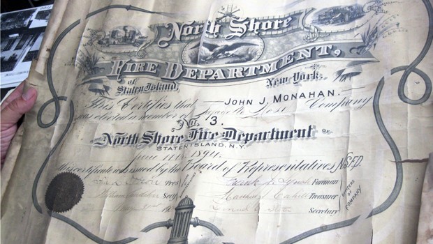 A recent acquisition, a fire department document recovered from the trash and donated to the borough historian, which is archived at the historical society